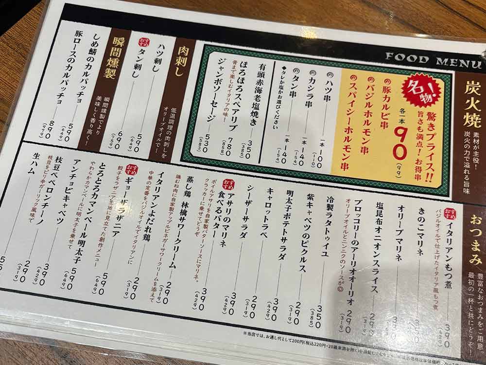 大衆イタリアン酒場　煙のメニュー